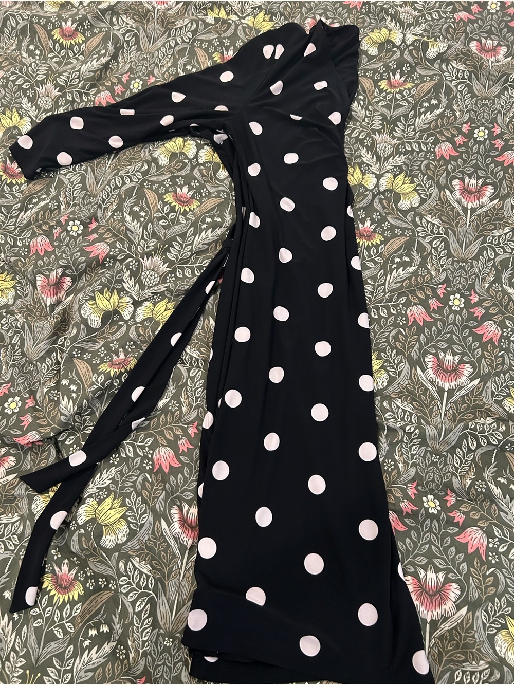 Anne Klein Black Wrap Midi Dress with Pink Polka Dots - Picture 5 of 7